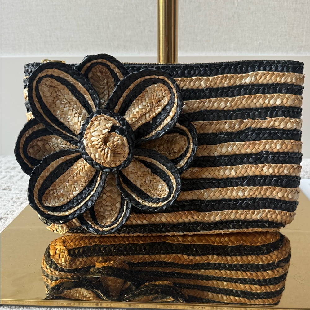 Mud Pie Striped Straw Clutch with Black Trim and Floral Accent